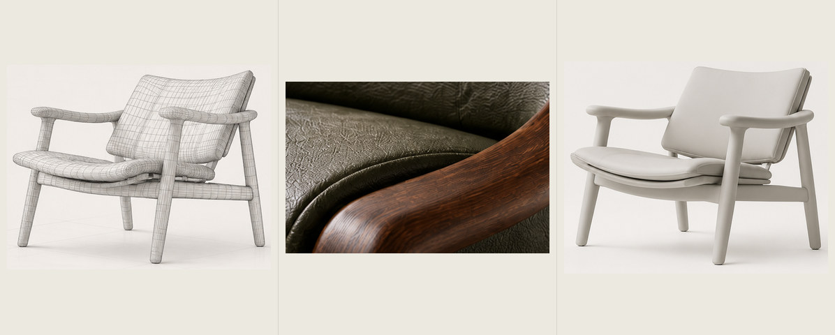 A 3D asset direction study on one chair, shown side by side: a wireframe mesh, a material close-up and a clay render.