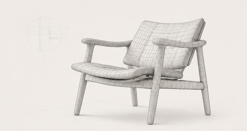 A wireframe study of an armchair used to check structure and polygon count for the Earth direction.