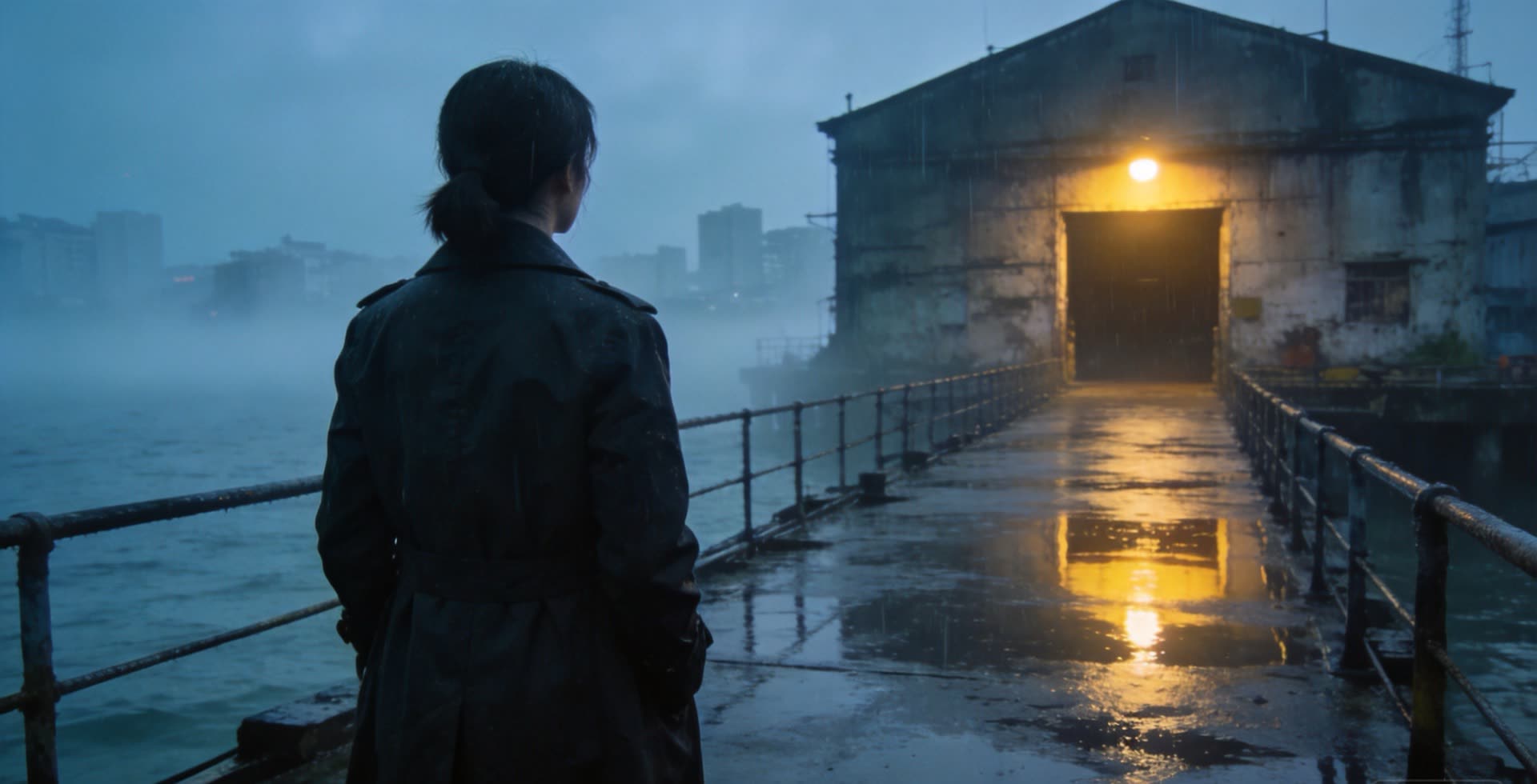A cinematic AI-generated frame: a figure standing on a wet pier at dusk, facing a lit doorway.