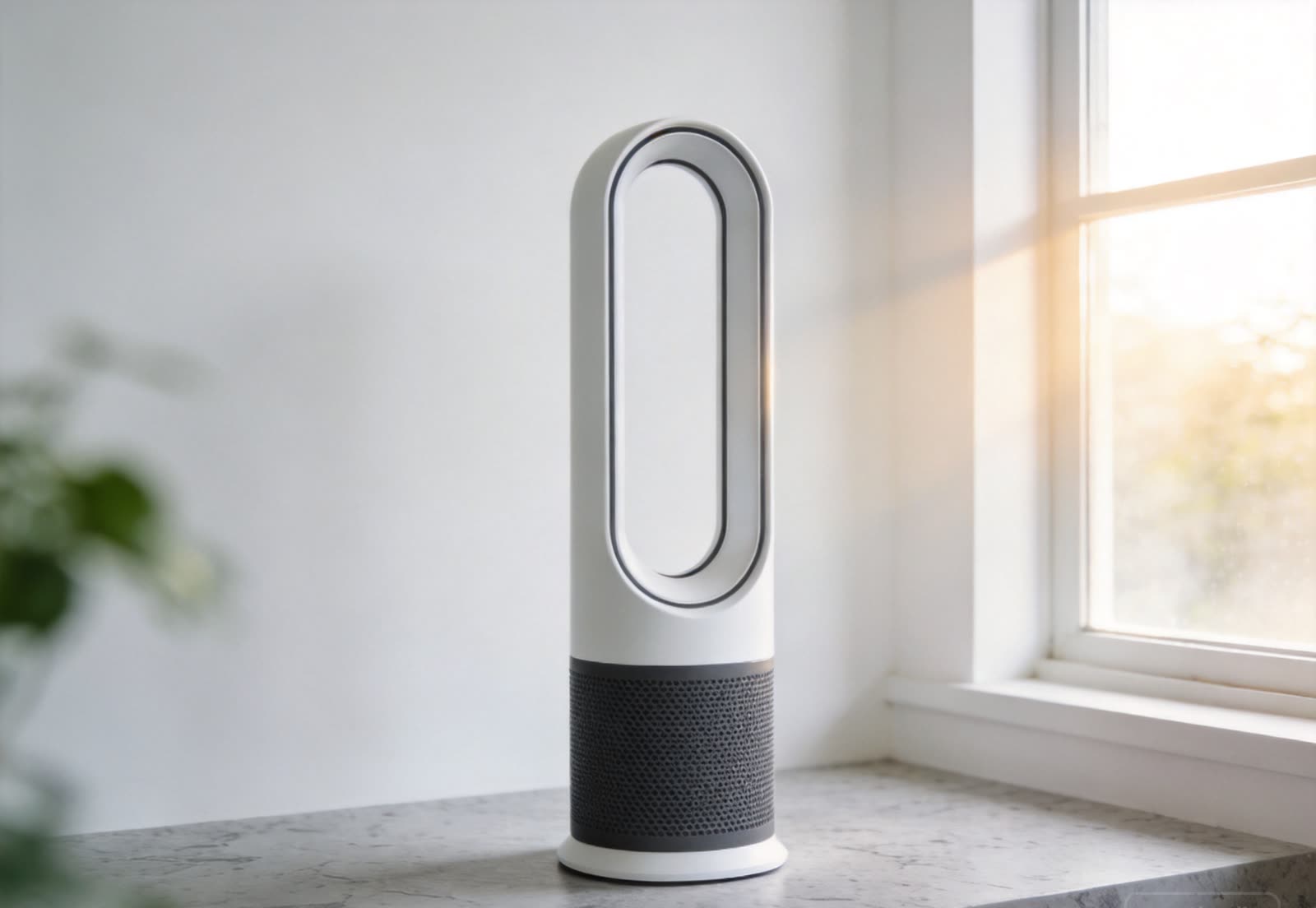 A generated product hero image: a bladeless fan standing on a windowsill in daylight.