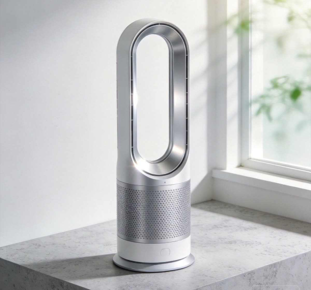 A second generated hero image of the same appliance in a silver finish, on a marble surface.