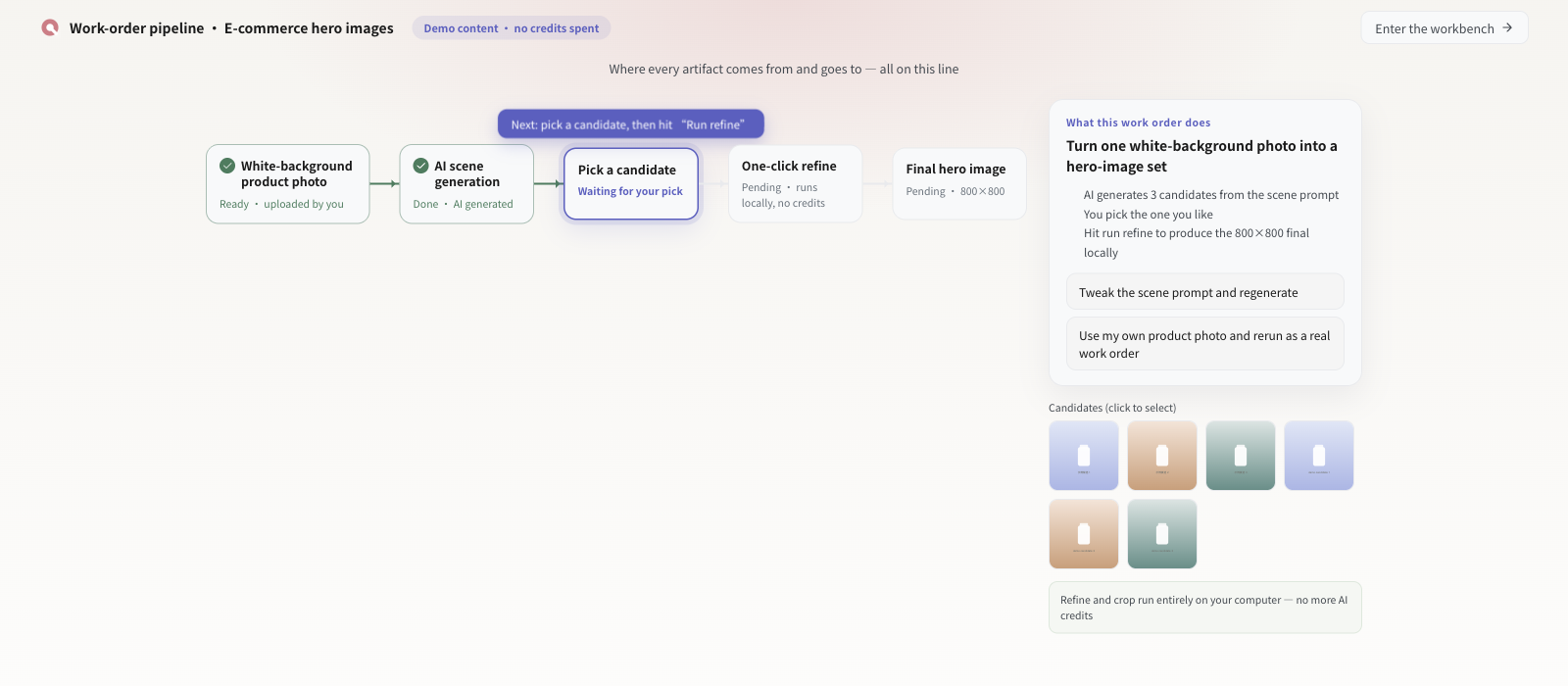 E-commerce visual marketing: Water work-order pipeline from a white-background photo to a final hero image.